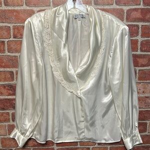 Silky Blouse, Cream, Vintage 1991, Lace Trim, Sz 10 by Sonya Ratay for San Andre